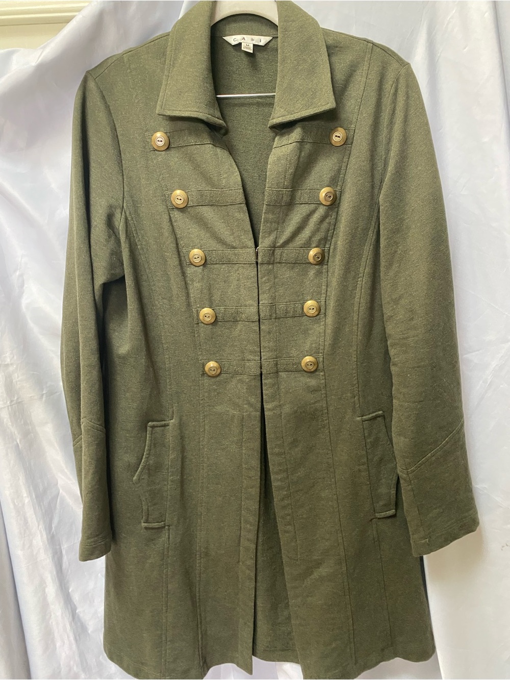 CAbi Olive Military-Style Trench Coat with Gold Tone Buttons. Medium